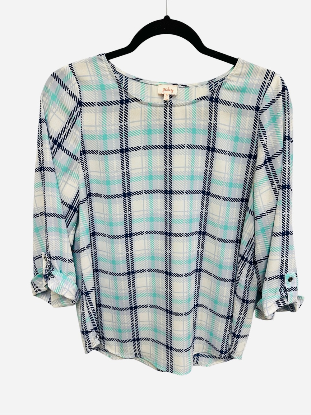 Pixley blue green white plaid blouse with 3/4 inch roll tab sleeves Size S